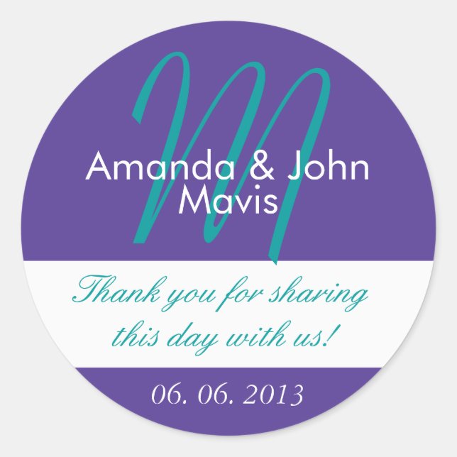 Sticker Rond Purple Turquoise Simple Mariage initial Favoriser  (Devant)