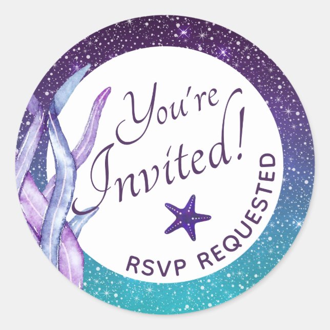 Sticker Rond Purple Under The Sea Theme Party Vous êtes invité (Devant)