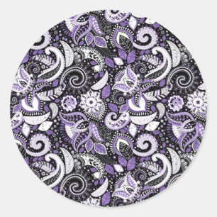 Sticker Rond Purple White Paisley Imprimer Élégante fête d'anni