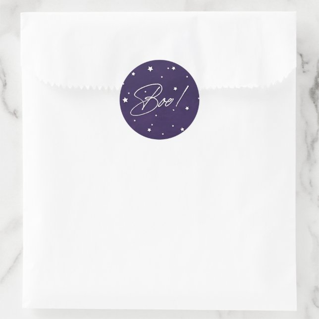 Sticker Rond Purple + White Scattered Stars Boo ! Halloween (Sac)