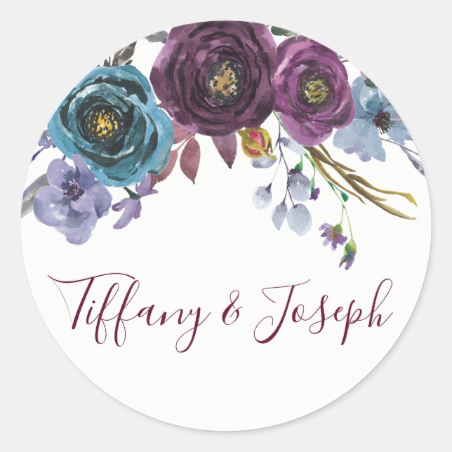 Sticker Rond Purple Winter Floral Élégant Mariage Faveur Sceau (Devant)