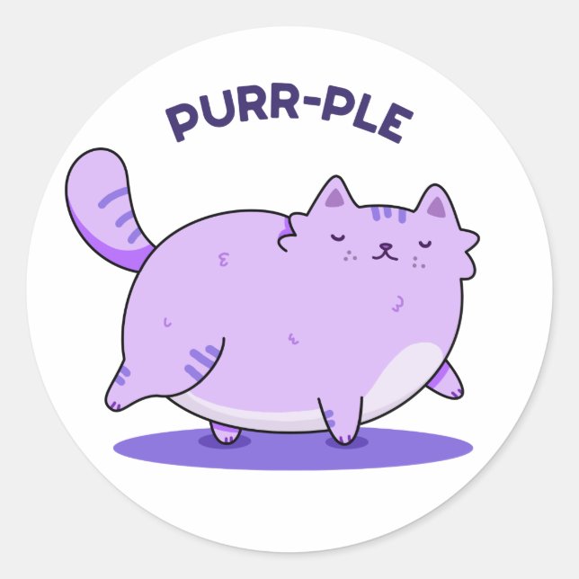 Sticker Rond Purr-ple Funny Fat Kitty Chat Pun (Devant)