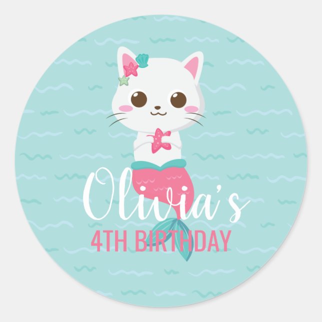 Sticker Rond Purrmaid Mermaid Kitty fête d'anniversaire (Devant)