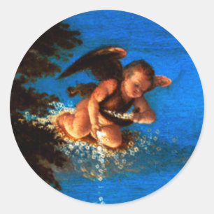 Sticker Rond Putto In Blue Sky déverse une cascade de fleurs bl