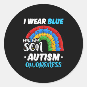 Sticker Rond Puzzle arc-en-ciel Autisme Je Porte Bleu pour Son