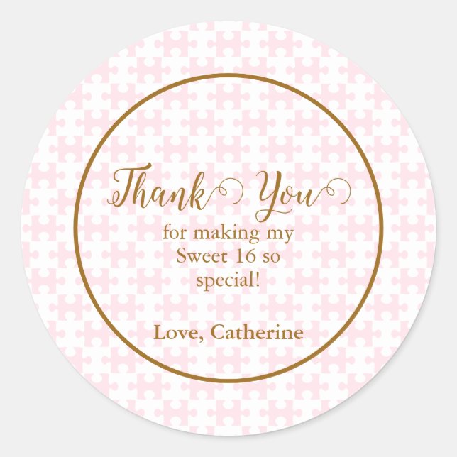 Sticker Rond Puzzle rose et blanc or À damiers doux 16 (Devant)