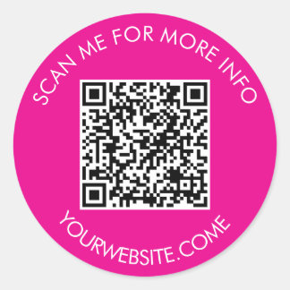 Sticker Rond QR code and custom text round white & hot pink