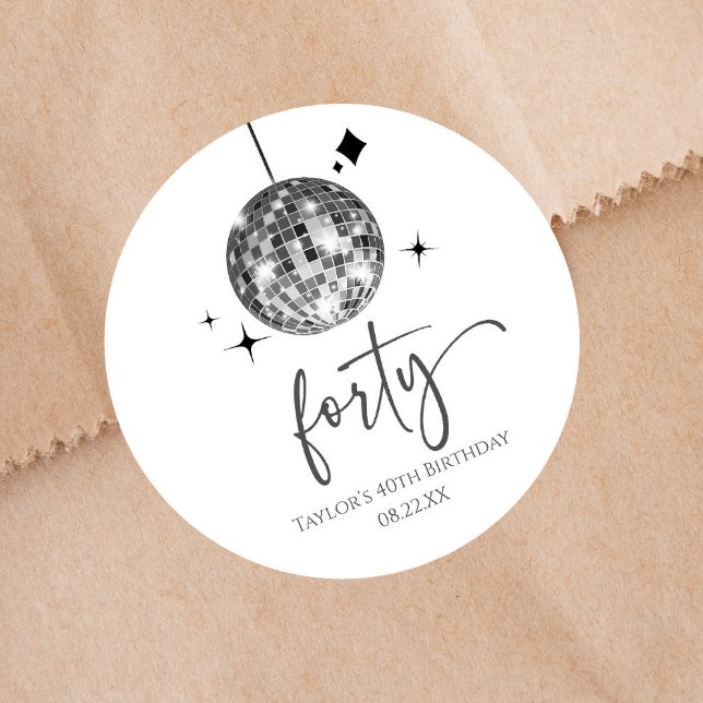 Sticker Rond Quarante Silver Disco Ball 40e fête d'anniversaire (Créateur téléchargé)