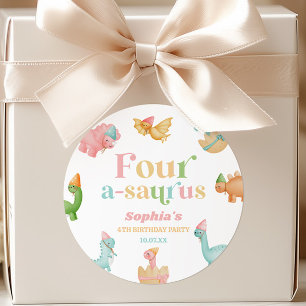 Sticker Rond Quatre A-Saurus Dinosaur 4e fête d'anniversaire
