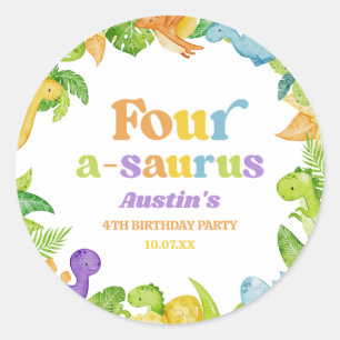 Sticker Rond Quatre A-Saurus Dinosaur 4e fête d'anniversaire