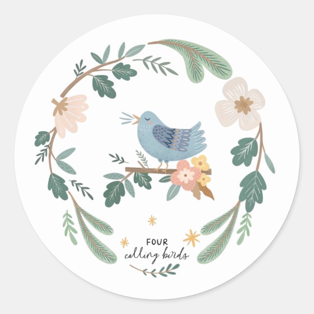 Sticker Rond Quatre appeler les oiseaux 12 jours de Noël Folk (Devant)