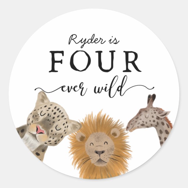 Sticker Rond QUATRE jamais sauvage Safari Animal Party Favorise (Devant)