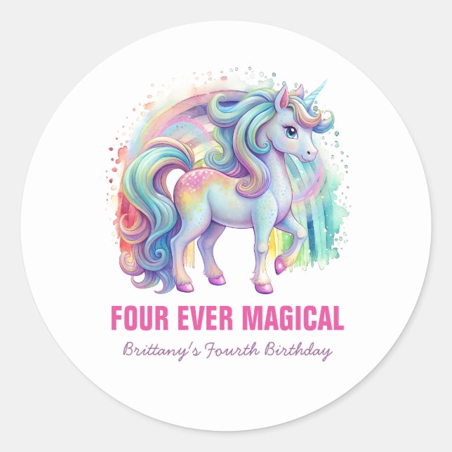Sticker Rond Quatre Jours Magique Pastel Unicorn Quatrième Anni (Devant)