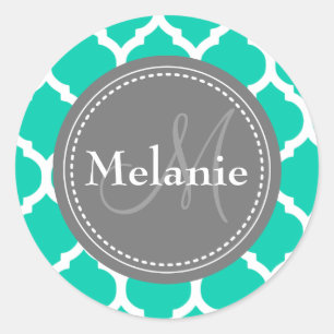 Sticker Rond Quatrefoil bleu et gris monogramme