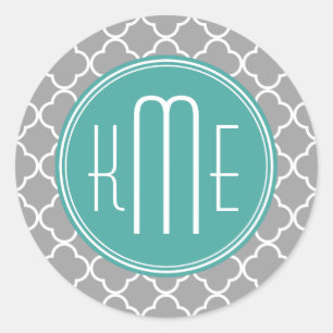 Sticker Rond Quatrefoil gris avec Monogramme de menthe personna