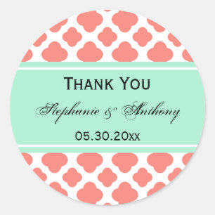 Sticker Rond Quatrefoil rose corail et Merci vert menthe