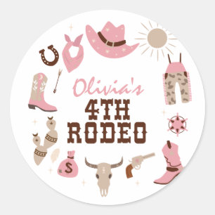 Sticker Rond Quatrième rodéo rose cowboy occidental 4e annivers