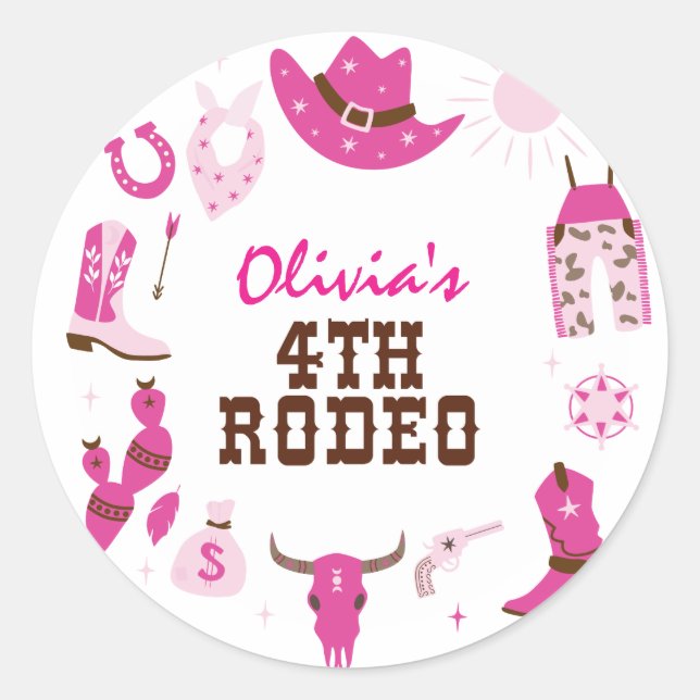 Sticker Rond Quatrième rodéo rose cowboy occidental 4e annivers (Devant)