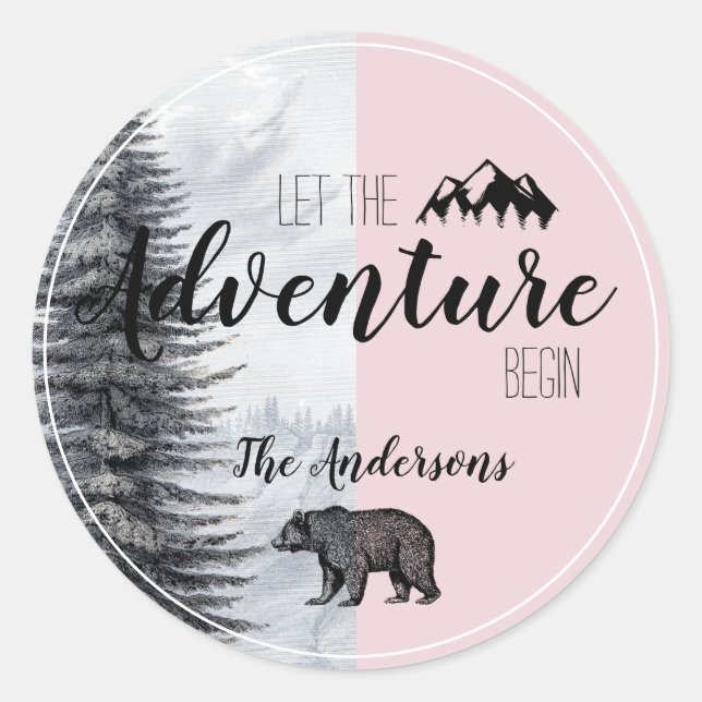 Sticker Rond Que l'aventure commence Ourson Rose Baby Shower (Devant)
