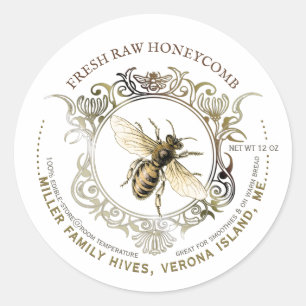 Sticker Rond Queen Bee Gold Ornate Frame Fresh Raw Honeycomb