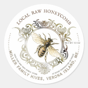 Sticker Rond Queen Bee Gold Ornate Frame Raw Honeycomb Étiquett