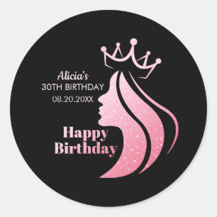 Sticker Rond Queen Crown Parties scintillant rose Noir Joyeux a