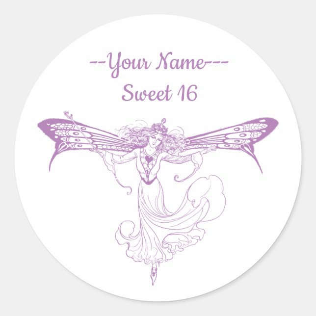 Sticker Rond Queen Mab Fairy, Sweet sixteen en violet (Devant)