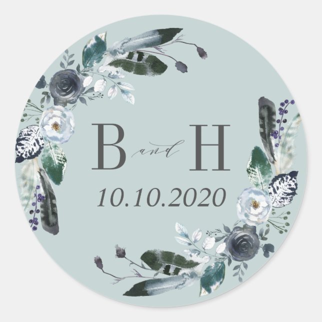 Sticker Rond Quelque chose de bleu | Boho Chic Mariage Monogram (Devant)