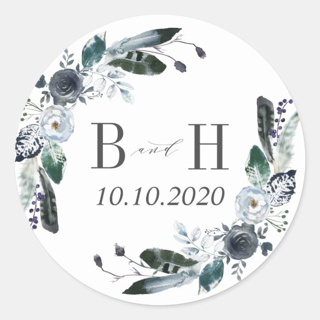 Sticker Rond Quelque chose de bleu | Boho Chic Mariage Monogram (Devant)