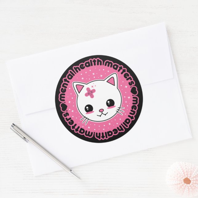 Sticker Rond Questions de santé mentale Kawaii Chat (Enveloppe)