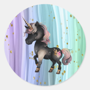 Sticker Rond Queue noire Unicorne violette rose