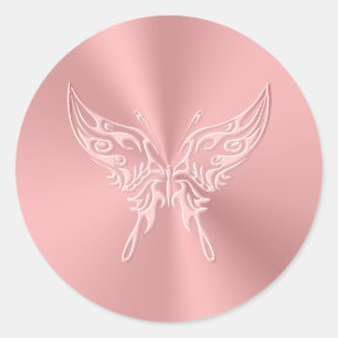 Sticker Rond Queue ronde papillon rose stylisé, look Embossé