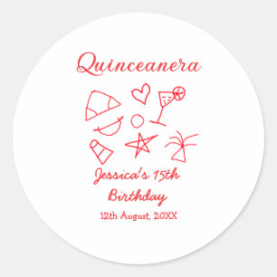 Sticker Rond Quinceanera 15e anniversaire arbre de plage rouge
