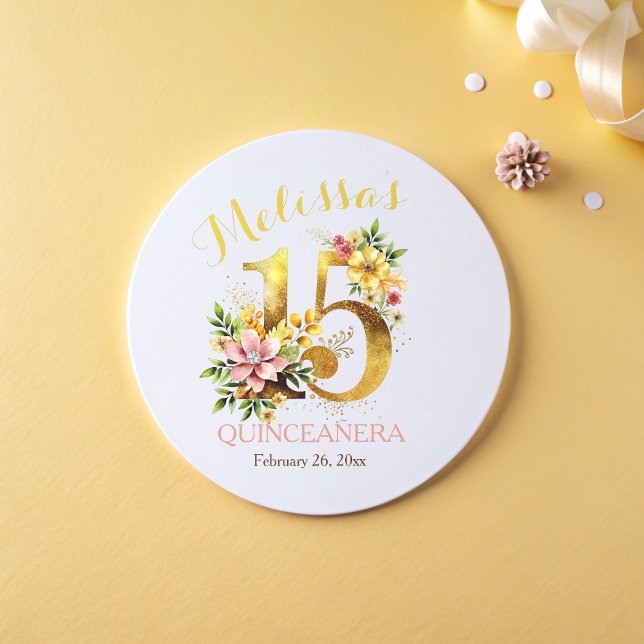 Sticker Rond Quinceañera 15e anniversaire fête Floral or (Créateur téléchargé)