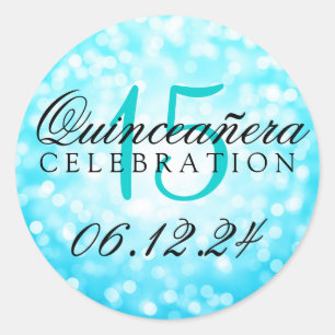 Sticker Rond Quinceanera 15e anniversaire Turquoise Bokeh lumiè