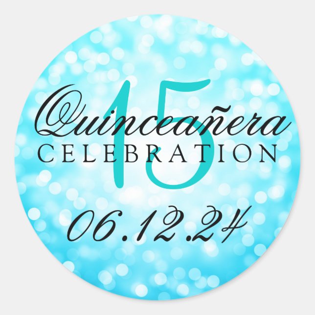 Sticker Rond Quinceanera 15e anniversaire Turquoise Bokeh lumiè (Devant)