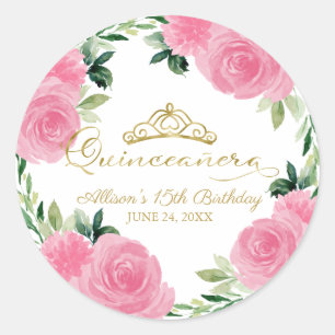 Sticker Rond Quinceanera à fleurs roses chaudes