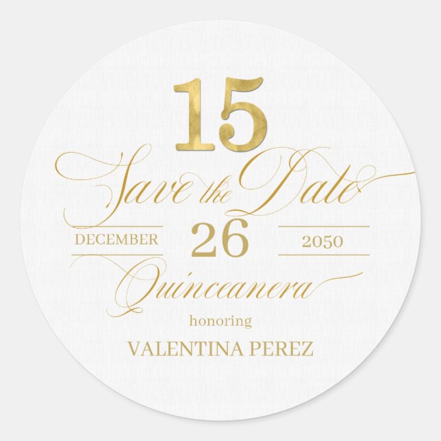 Sticker Rond Quinceanera anglais Enregistrer la date en or (Devant)