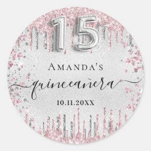 Sticker Rond Quinceanera argent rose parties scintillant nom go