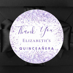 Sticker Rond Quinceanera blanc violet nom de la parties scintil