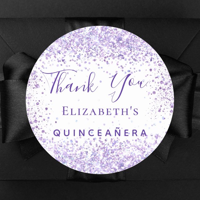 Sticker Rond Quinceanera blanc violet nom de la parties scintil (Créateur téléchargé)