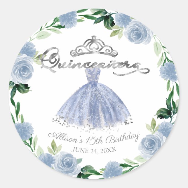 Sticker Rond Quinceanera bleu clair argent gown floral (Devant)