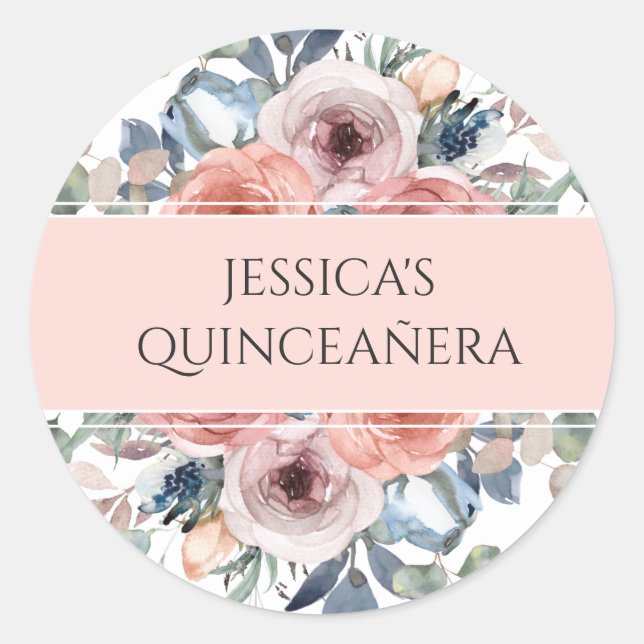 Sticker Rond Quinceañera, Blissful Enveloppe Florale Sceau/Favo (Devant)