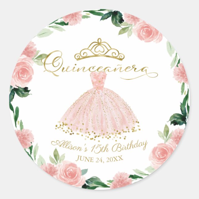 Sticker Rond Quinceanera Blush Gown rose Floral Classal Round S (Devant)