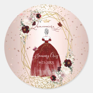 Sticker Rond Quinceanera Bourgogne H2 Fleurs Dusty Rose Blush