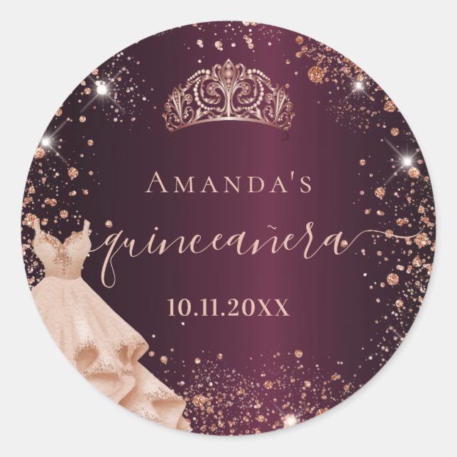 Sticker Rond Quinceanera Bourgogne rose écriture de nom de robe (Devant)