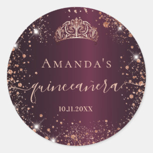 Sticker Rond Quinceanera Bourgogne rose or tiara nom script