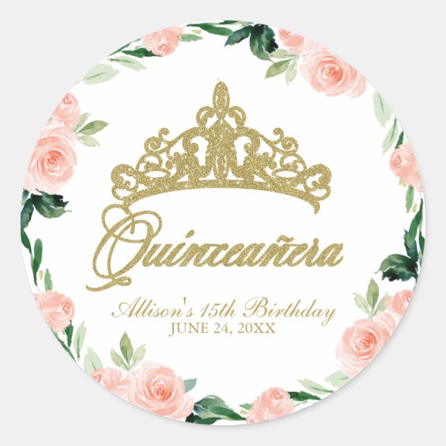Sticker Rond Quinceanera Dieu Tiara Blush rose Floral (Devant)