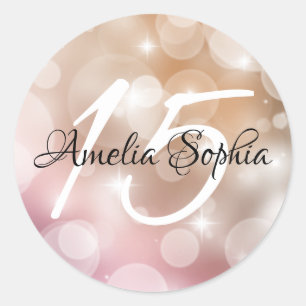 Sticker Rond Quinceanera d'or de Rose rose pâle
