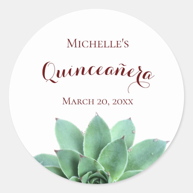 Sticker Rond Quinceanera Elégant Botanique Succulent (Devant)